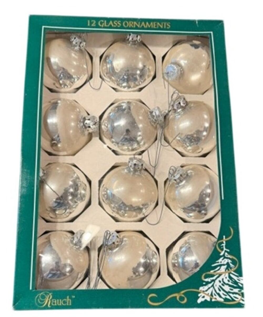 Rauch Silver Glass Christmas Ball Ornaments Set of 12 Made in USA